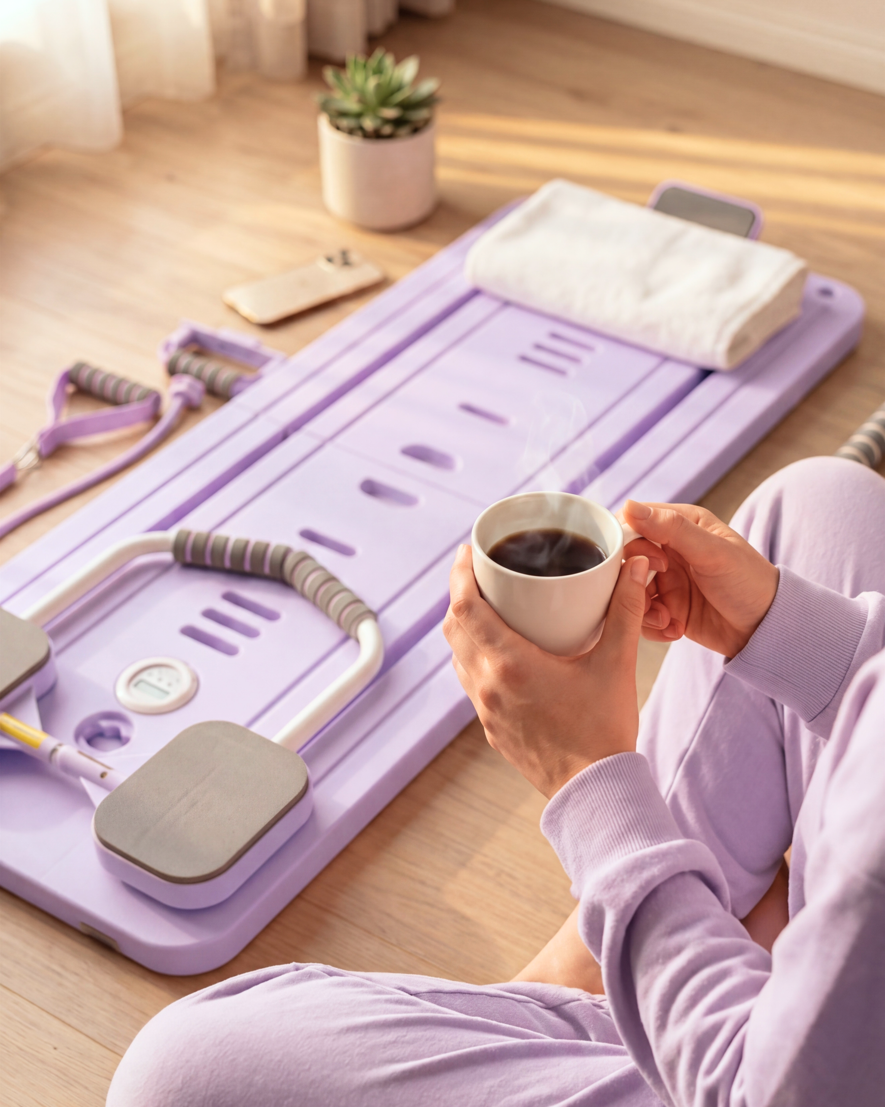 Morning pilates session at home on the Aussie Pilates foldable reformer board
